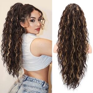 26” Long Curly‎ Claw Clip Ponytail Extension – Brown Layered Synthetic Hairpiece